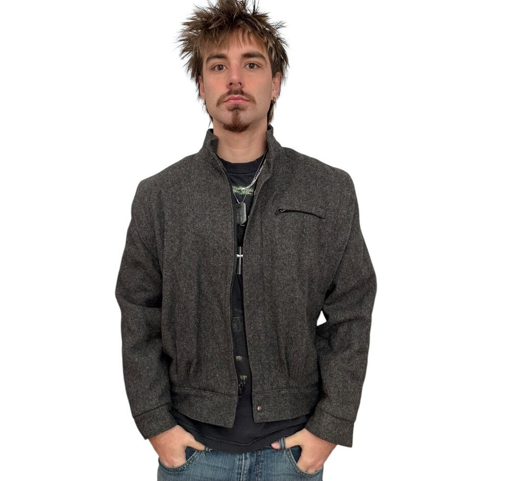 1980s The American Male Gray Wool Jacket Large 46 Chest Stand Collar